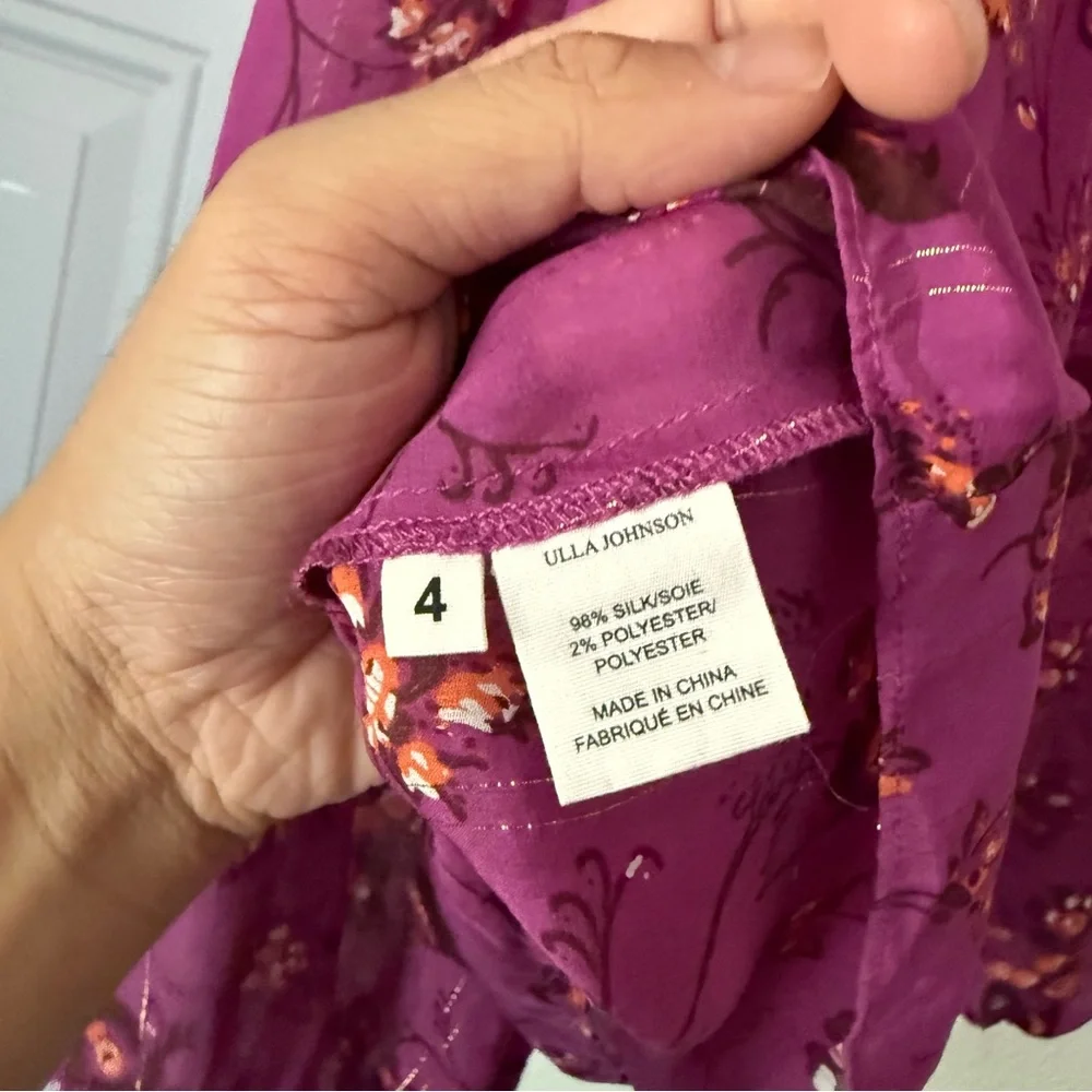 ULLA JOHNSON magenta‎ purple floral silk puff long sleeve blouse shirt top